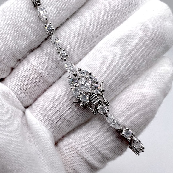 Sterling 7” Marquise & Round Cz Tennis Bracelet - Picture 3 of 17